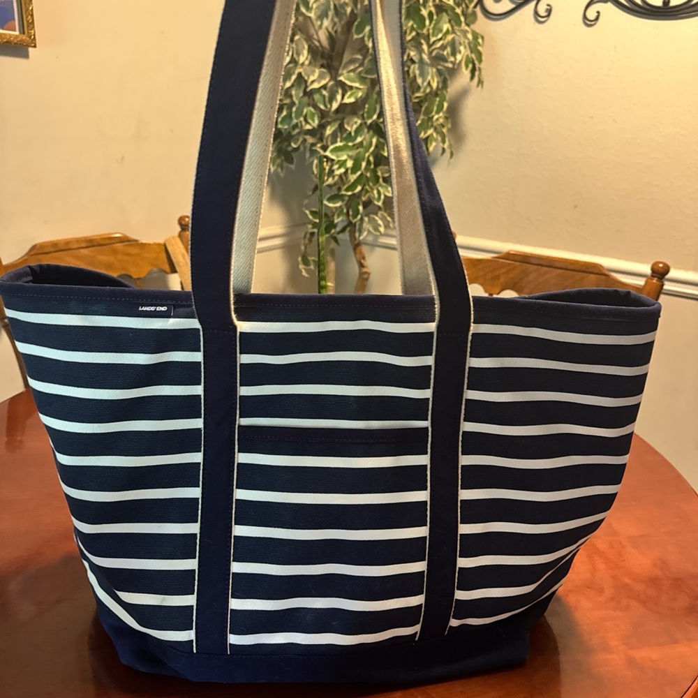 Lands' End Blue and White Nautical Tote Bag